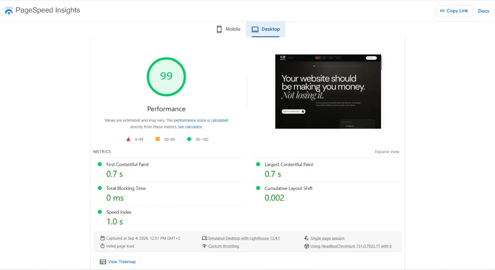 Google PageSpeed Insights desktop report for the C3 Digital website: performance score 99, First Contentful Paint 0.7 s, Largest Contentful Paint 0.7 s, Total Blocking Time 0 ms, Cumulative Layout Shift 0.002, Speed Index 1.0 s.