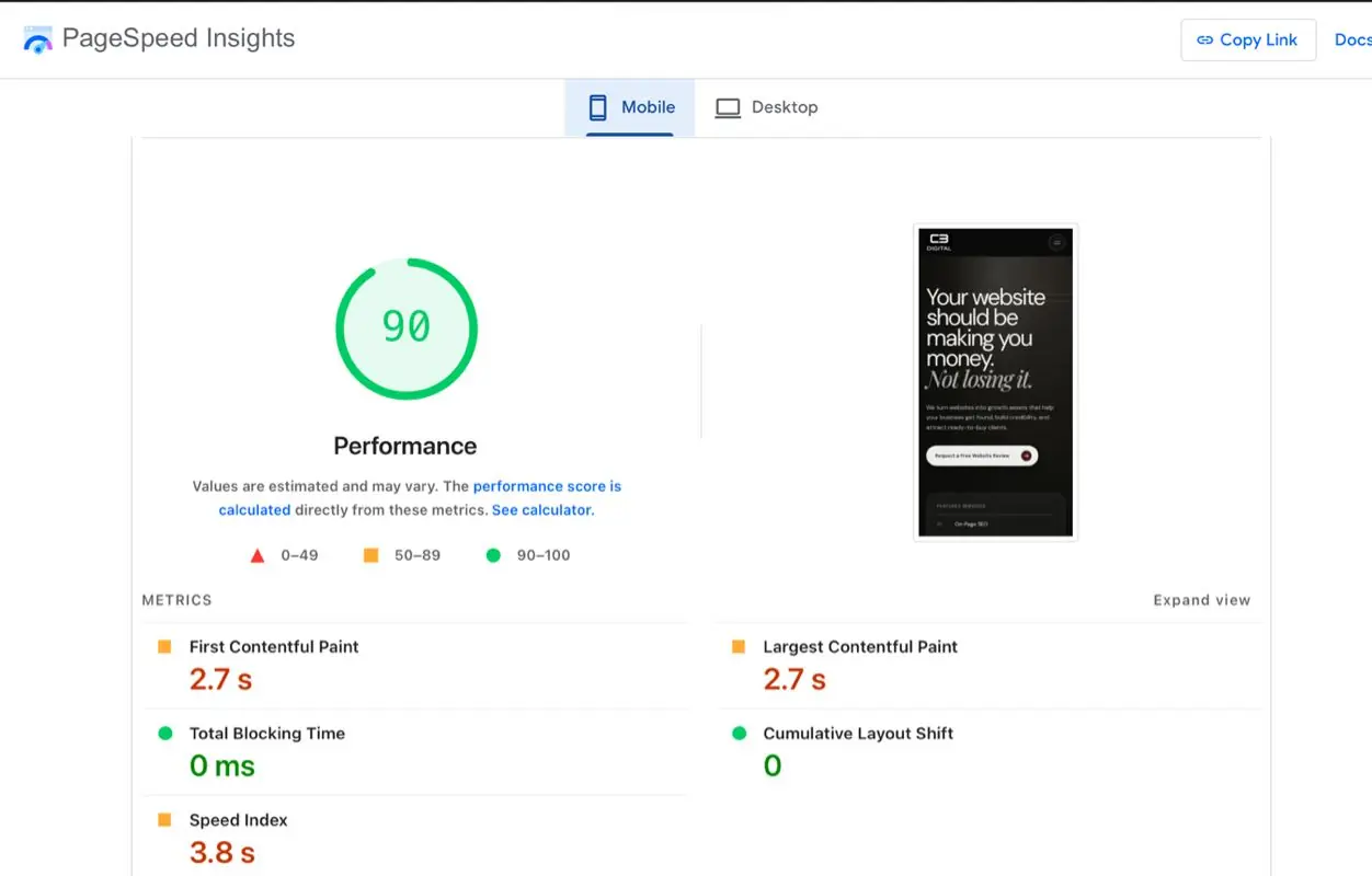 Google PageSpeed Insights mobile report for the C3 Digital website: performance score 90, First Contentful Paint 2.7 s, Largest Contentful Paint 2.7 s, Total Blocking Time 0 ms, Cumulative Layout Shift 0, Speed Index 3.8 s.